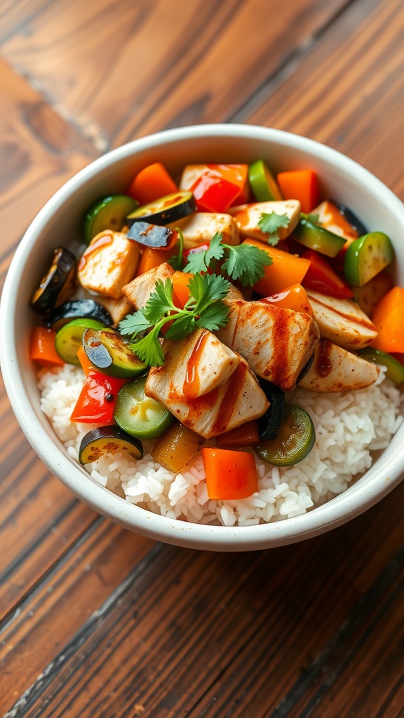 Delicious Rice Lunch Ideas for Every Palate A bowl of rice with vegetables and protein, garnished with herbs, ready for lunch.